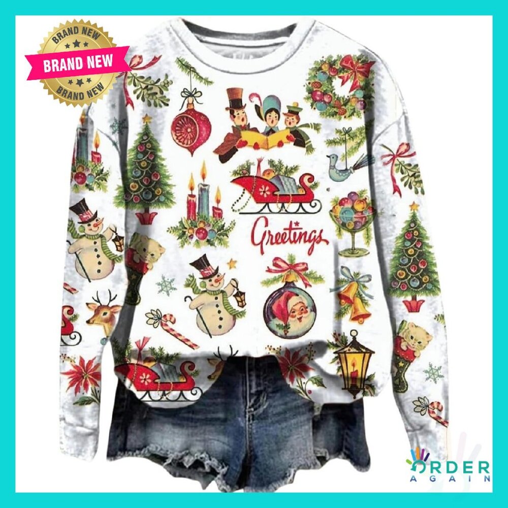 Vintage Christmas Graphic Sweatshirt Lightweight Long Sleeve Pullover Retro